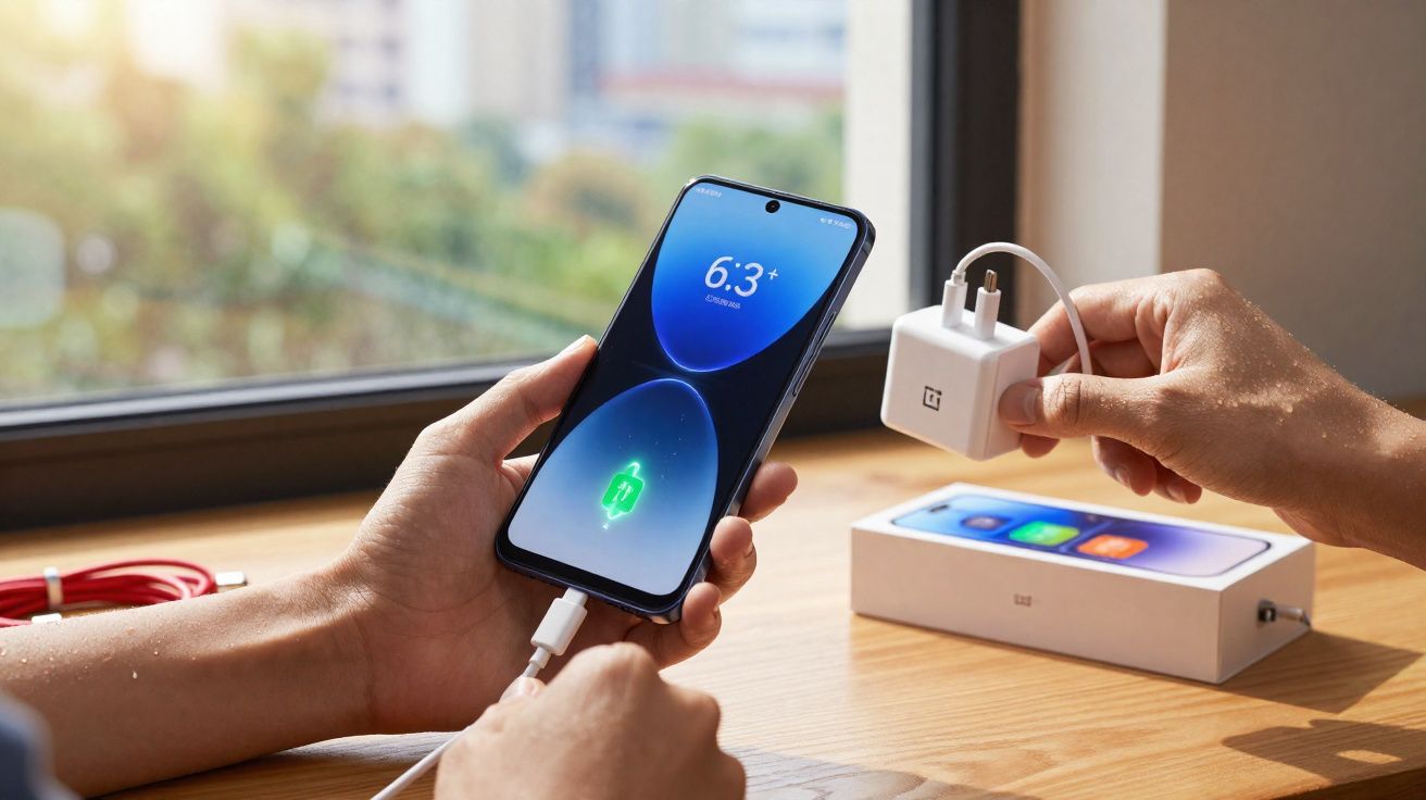 Personne tenant un smartphone en train de le charger avec un câble connecté à un adaptateur secteur.