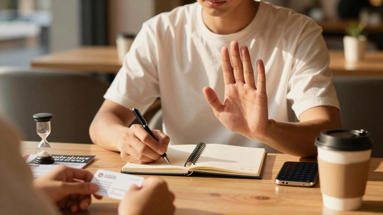 Jeune homme refusant une carte de visite tout en prenant des notes sur un carnet.