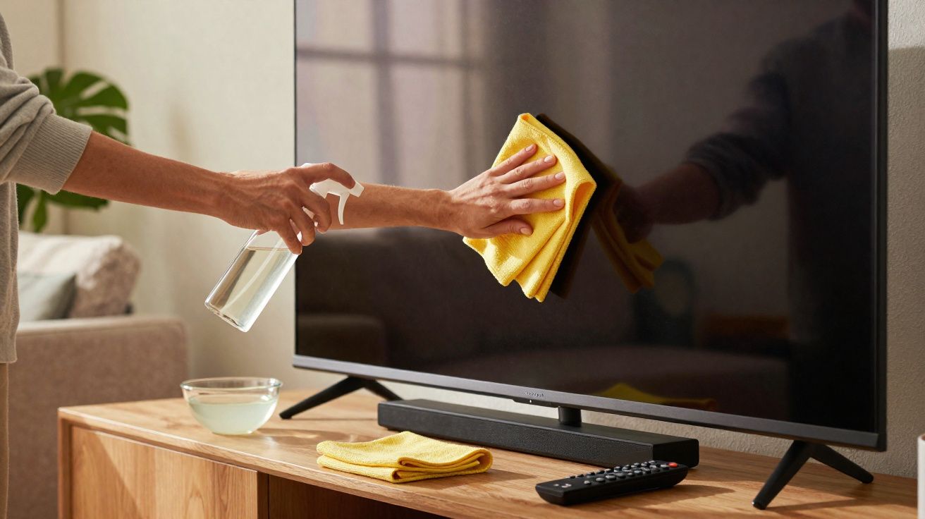 Personne nettoyant un écran de télévision avec un chiffon jaune et un spray transparent.