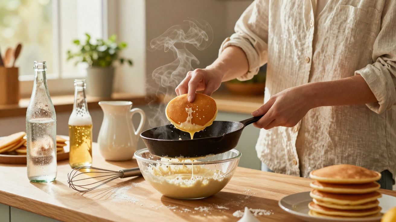 Personne préparant des pancakes chauds dans une cuisine lumineuse, avec une pile de pancakes sur la table en bois.