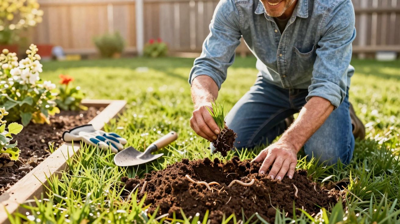 Un homme plante une petite plante dans le sol d'un jardin ensoleillé avec des outils à proximité.