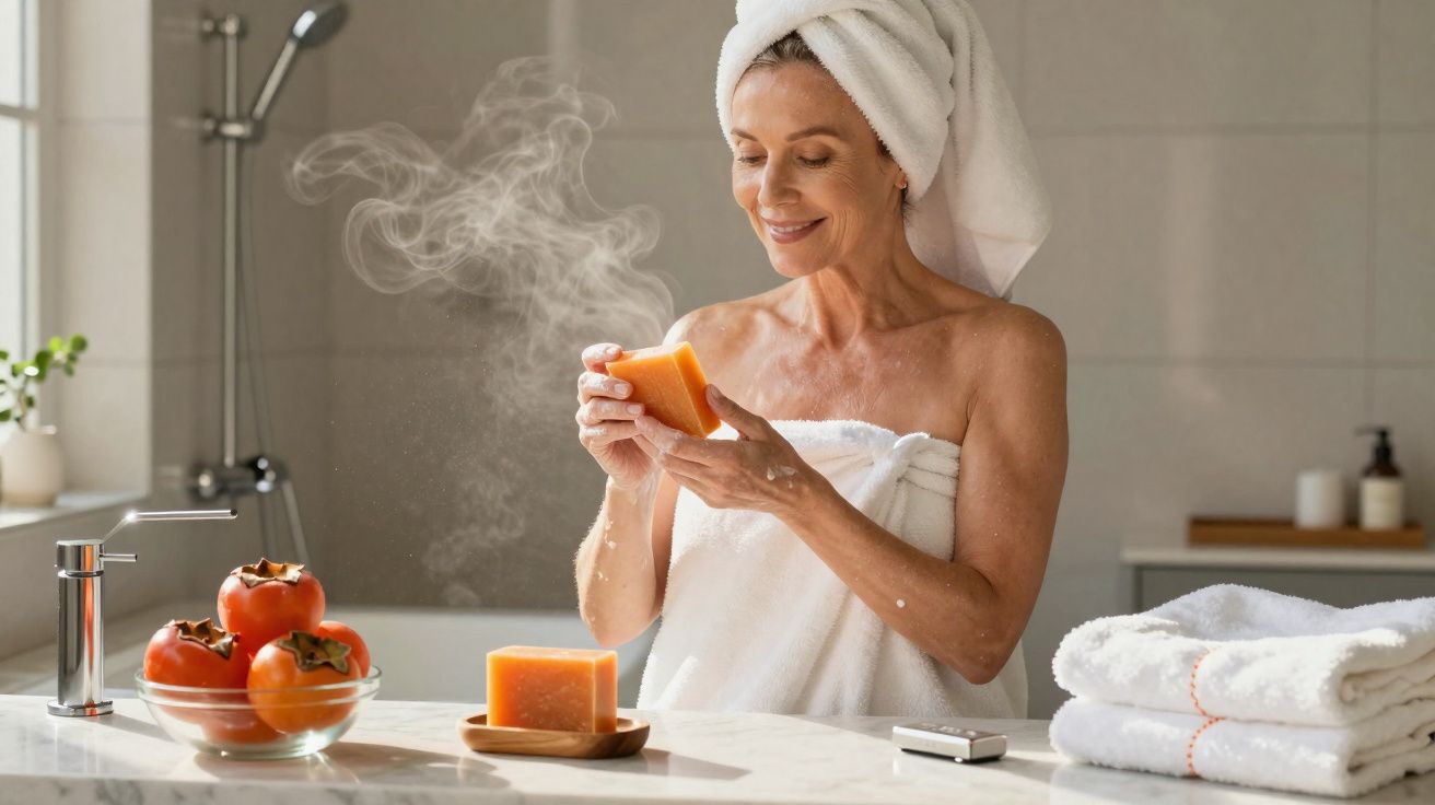 Femme souriante en serviette sentant un savon orange dans une salle de bain lumineuse moderne.