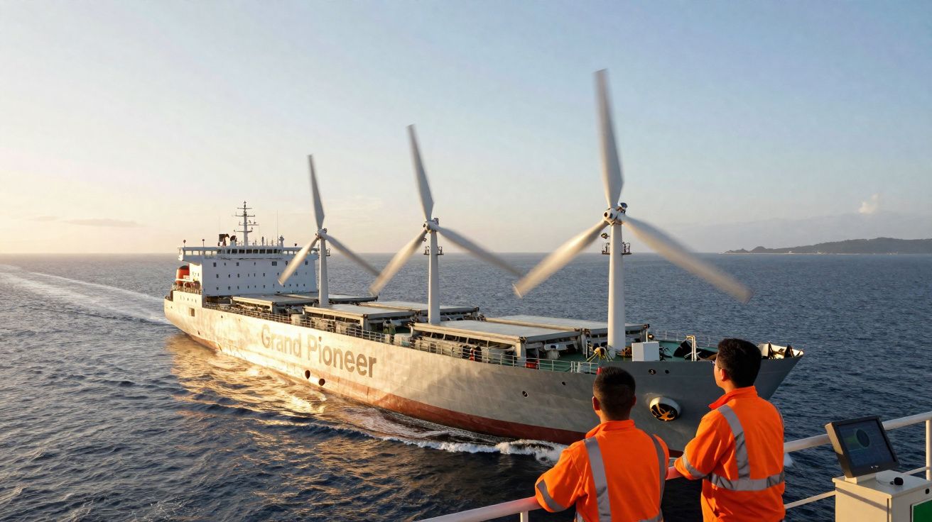 Cargo Grand Pioneer équipé d'éoliennes naviguant en mer, vu de deux hommes en tenue de sécurité orange.
