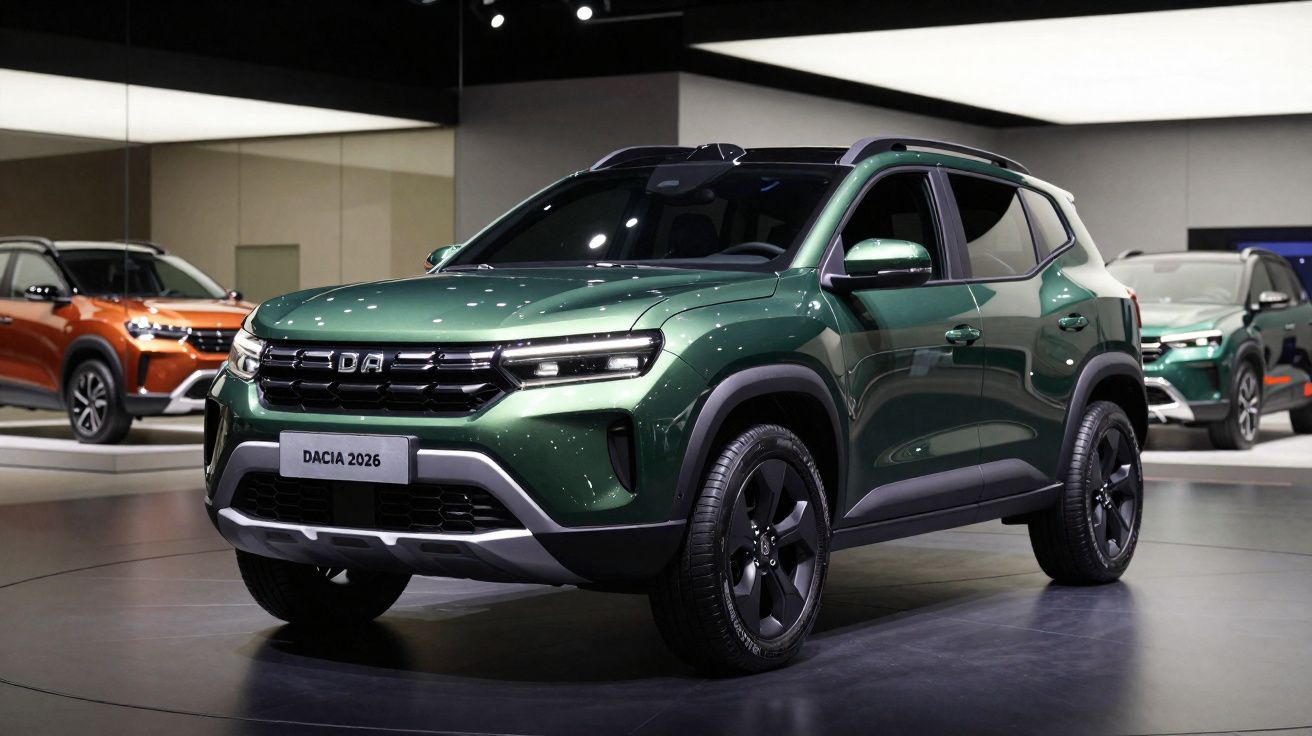 SUV Dacia 2026 vert exposé en intérieur avec un autre SUV orange visible en arrière-plan.