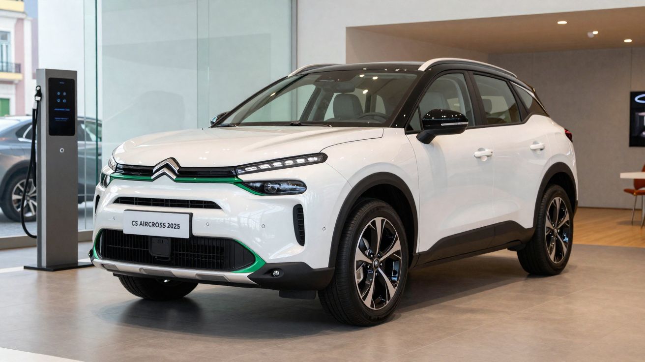 Citroën C5 Aircross 2025 blanc avec toit noir exposé en showroom moderne.
