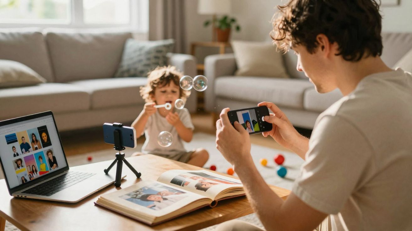 Un homme prend une photo d’un enfant soufflant des bulles, avec un ordinateur et un album photo sur la table.