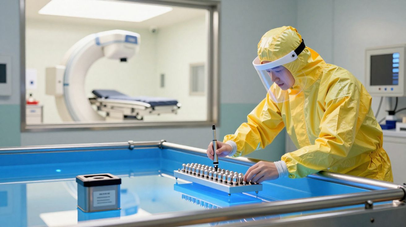 Technicien en combinaison de protection jaune manipulant des échantillons dans un laboratoire médical.