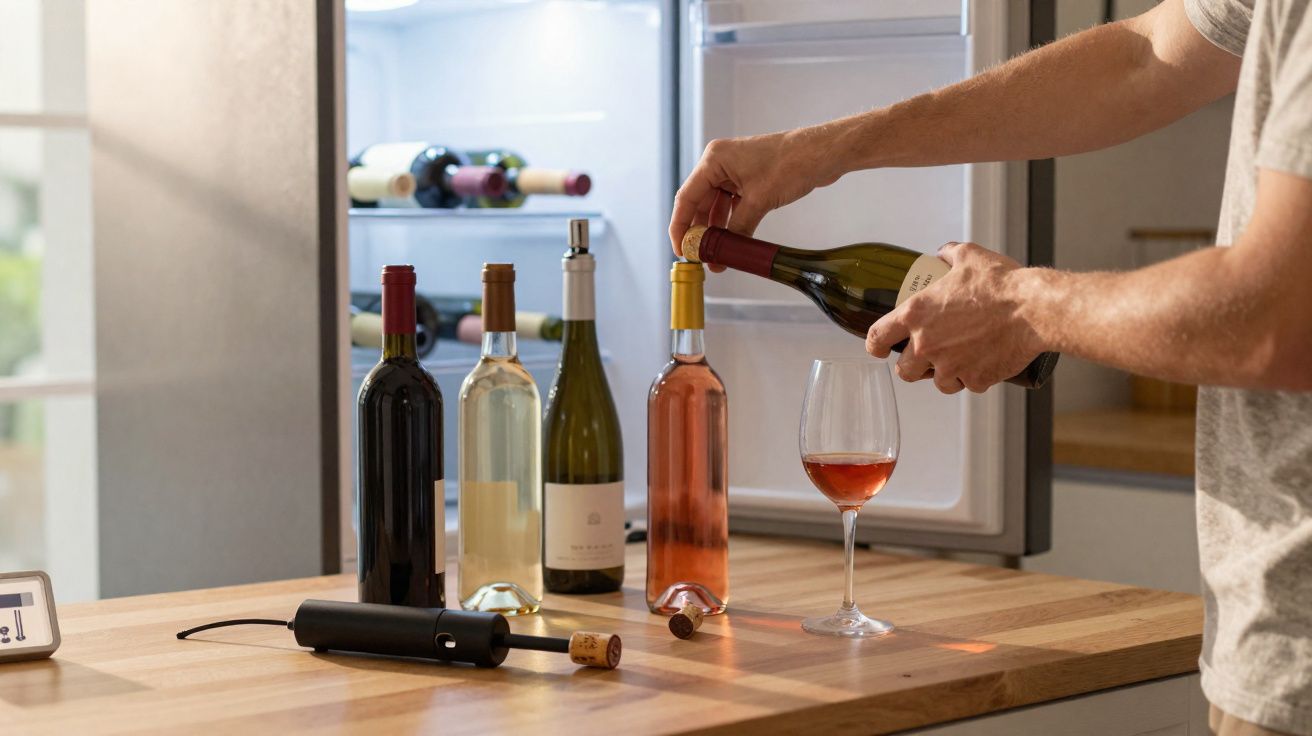 Une personne verse du vin rosé dans un verre, plusieurs bouteilles alignées sur un comptoir en bois près d'un réfrigérateur.