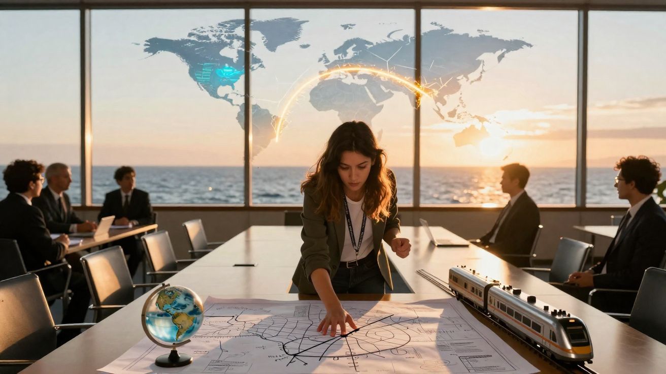 Femme analysant une carte de transport devant une table de réunion avec un globe, un train miniature et un écran de cartes mo