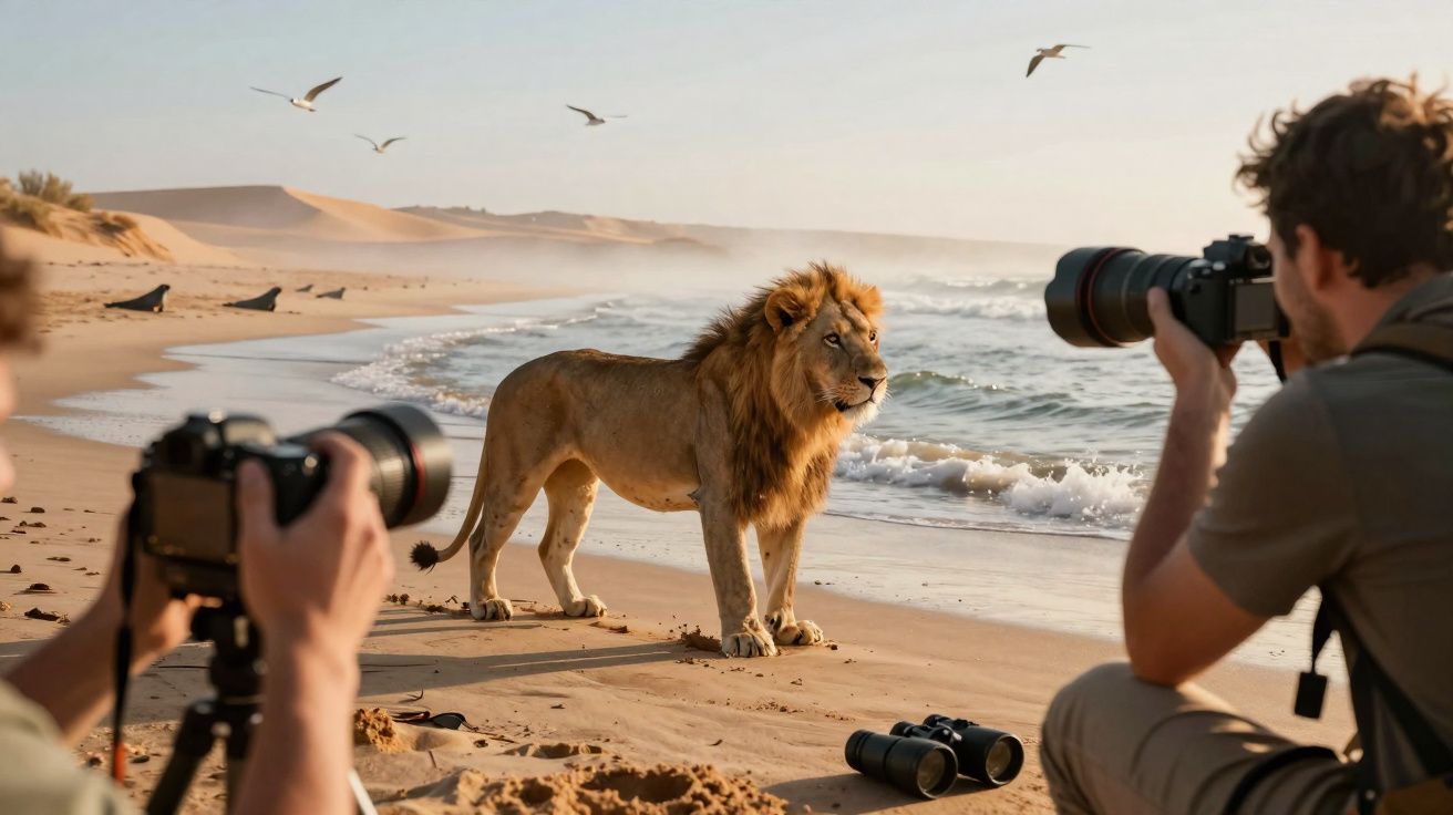 Deux photographes prennent en photo un lion debout sur une plage proche de l'océan.