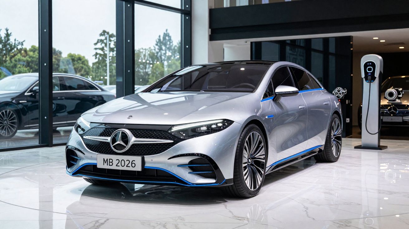 Voiture électrique Mercedes-Benz grise brillante exposée dans une salle d'exposition moderne avec borne de recharge.