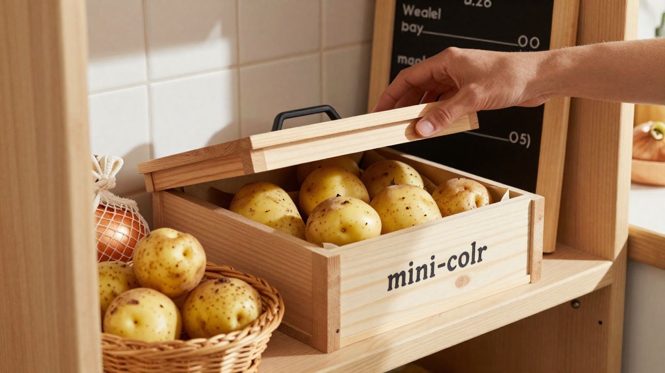 Main ouvrant une caisse en bois marquée "mini-colr" contenant des pommes de terre sur une étagère.