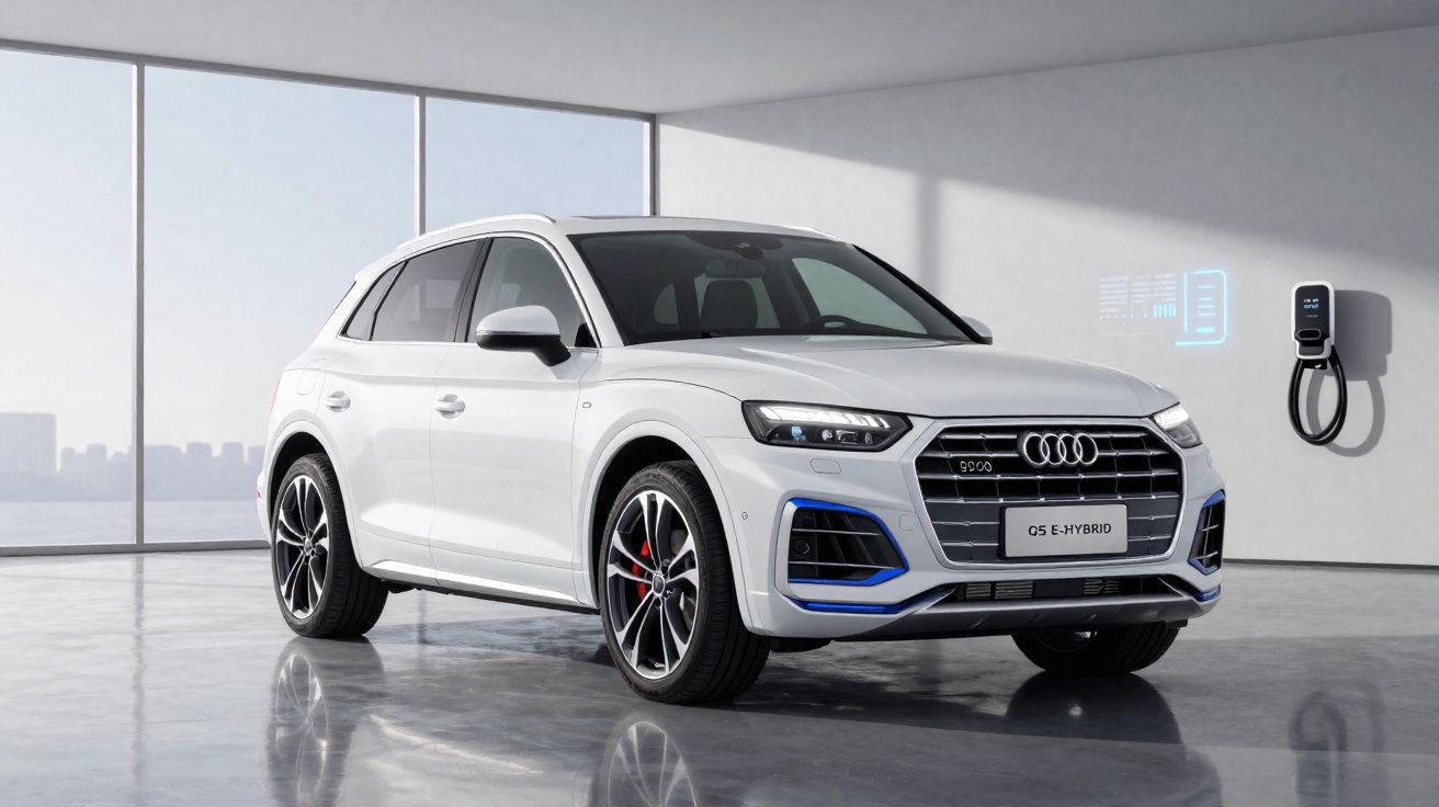 Véhicule Audi Q5 E-HYBRID blanc stationné en intérieur à côté d'une borne de recharge murale.