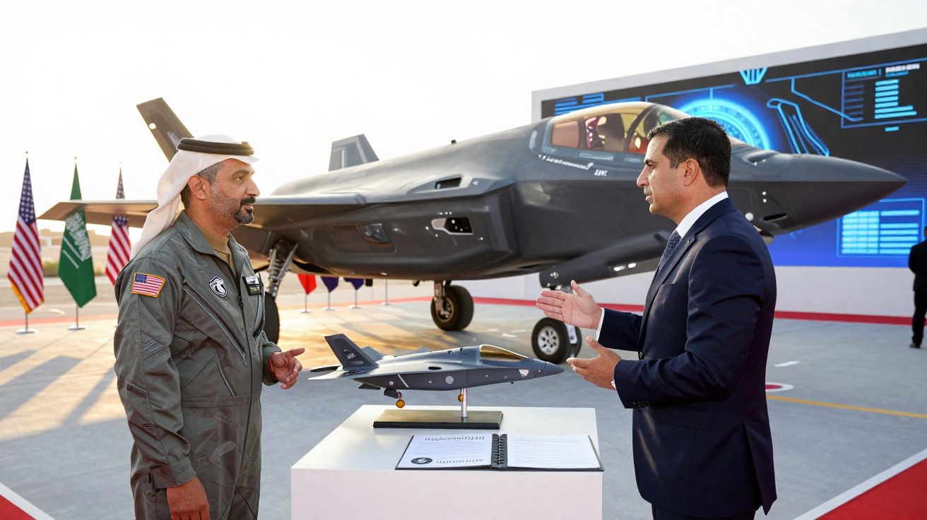 Deux hommes discutent devant un avion de chasse furtif et une maquette exposée sur un socle.