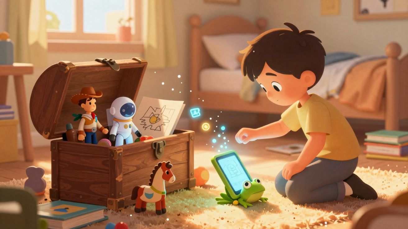 Garçon jouant avec une tablette magique posée sur une grenouille en peluche dans sa chambre ensoleillée.
