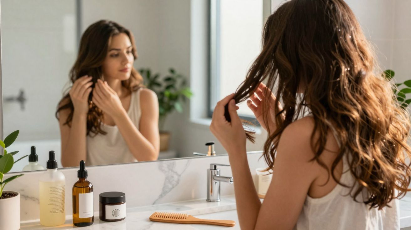 Femme regardant ses cheveux longs dans un miroir de salle de bain avec des produits capillaires sur le lavabo.