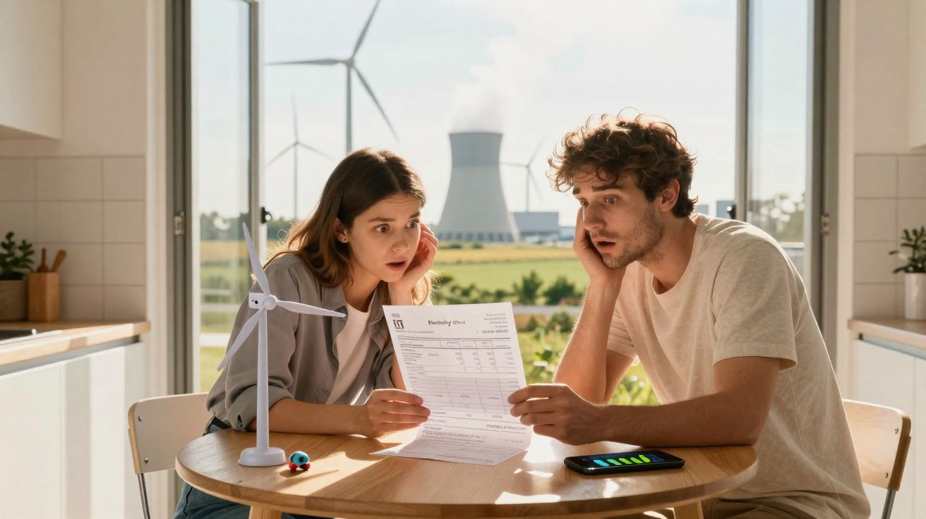 Jeune couple inquiet examinant une facture d'électricité avec une éolienne miniature sur la table, centrale nucléaire en arri