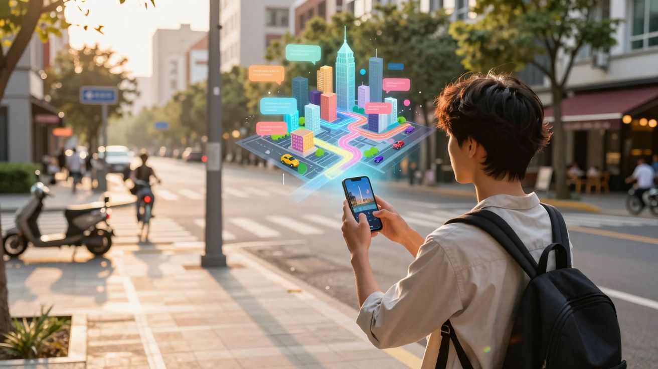 Personne utilisant un smartphone pour naviguer avec une carte virtuelle en réalité augmentée dans une rue urbaine.