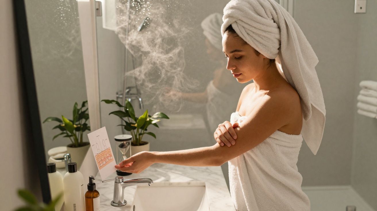 Femme avec serviette sur la tête appliquant une lotion sur son bras dans une salle de bain lumineuse.