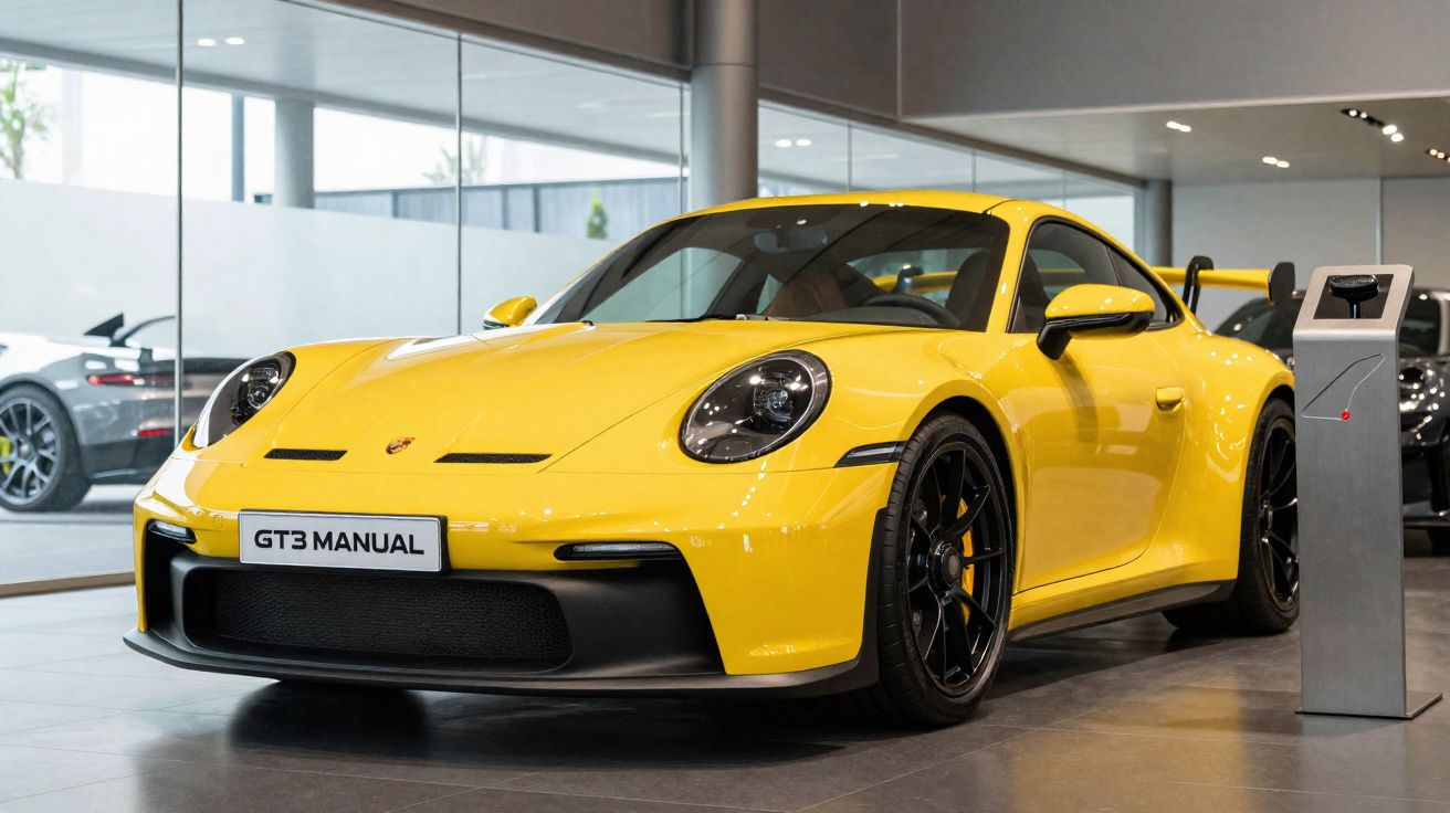 Voiture de sport Porsche 911 GT3 jaune dans un showroom moderne avec sol en carrelage gris.