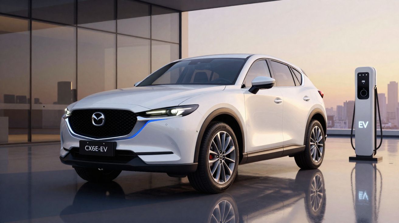 SUV électrique blanc Mazda CX-6 EV en charge près d’un bâtiment moderne au coucher du soleil.