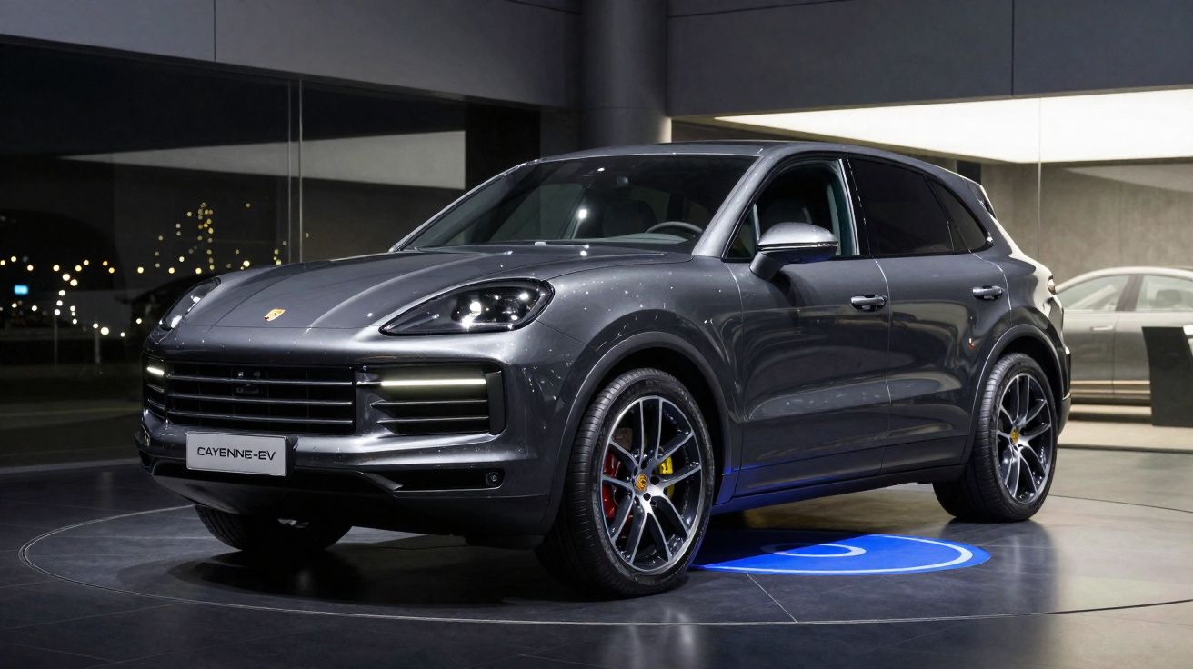 Véhicule Porsche Cayenne EV gris exposé dans un showroom moderne, éclairage d'ambiance nocturne.