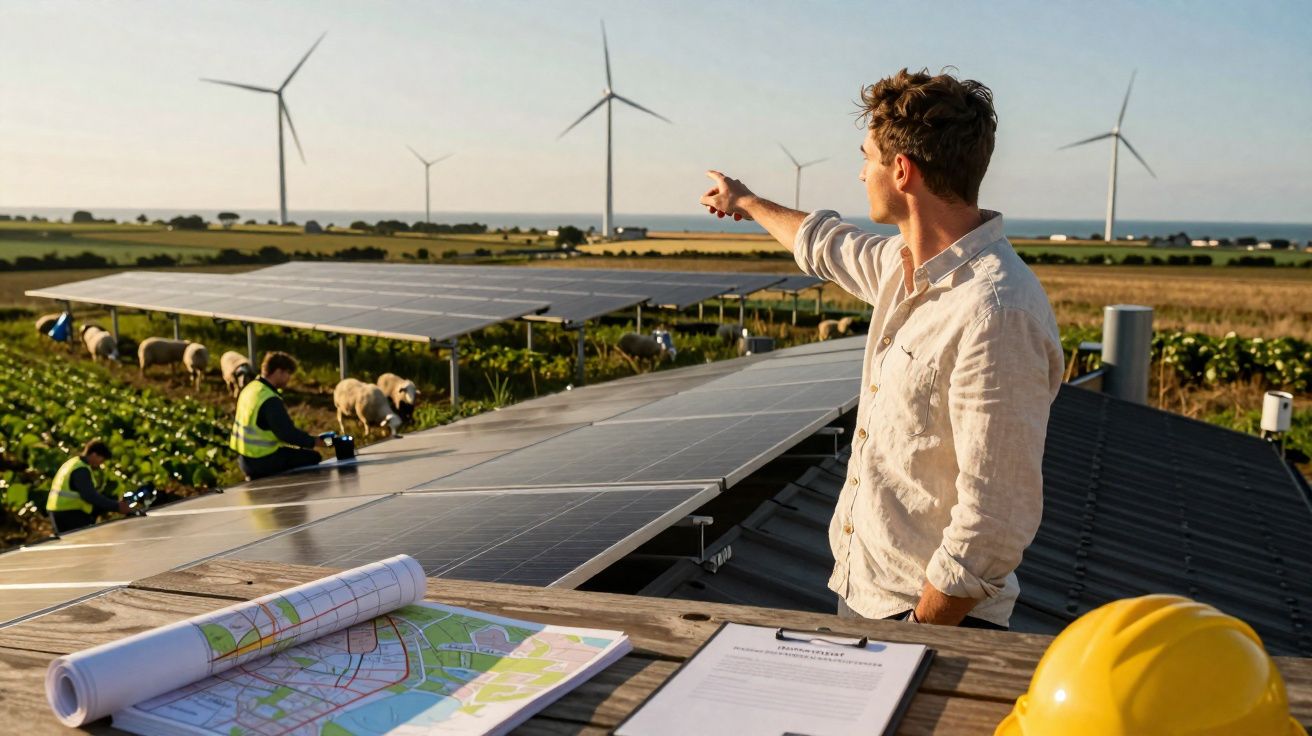 Un homme pointe vers des éoliennes, devant des panneaux solaires et des ouvriers dans un champ agricole.
