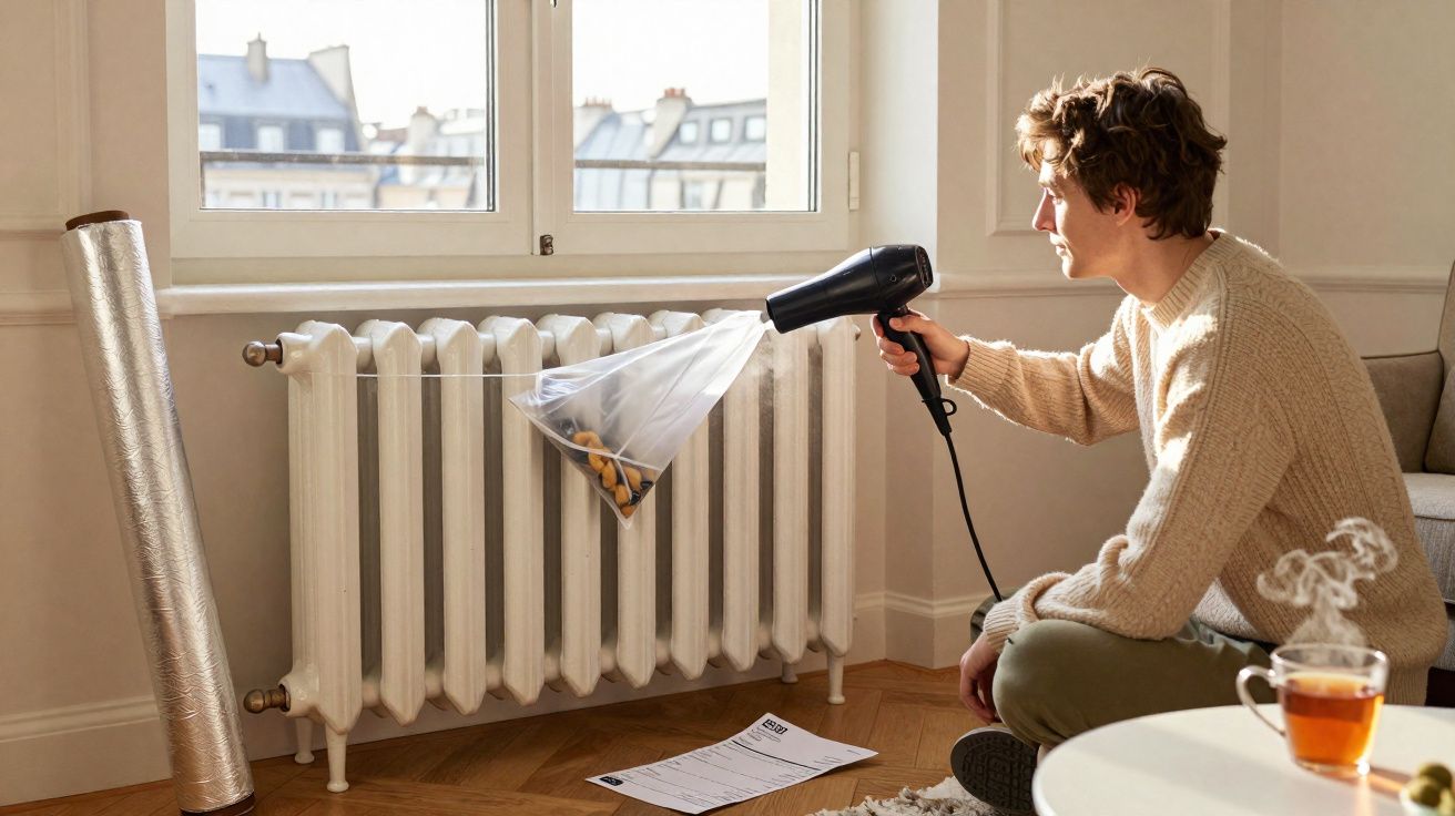 Homme utilisant un sèche-cheveux et un sac plastique pour chauffer des marrons sur un radiateur dans un salon.