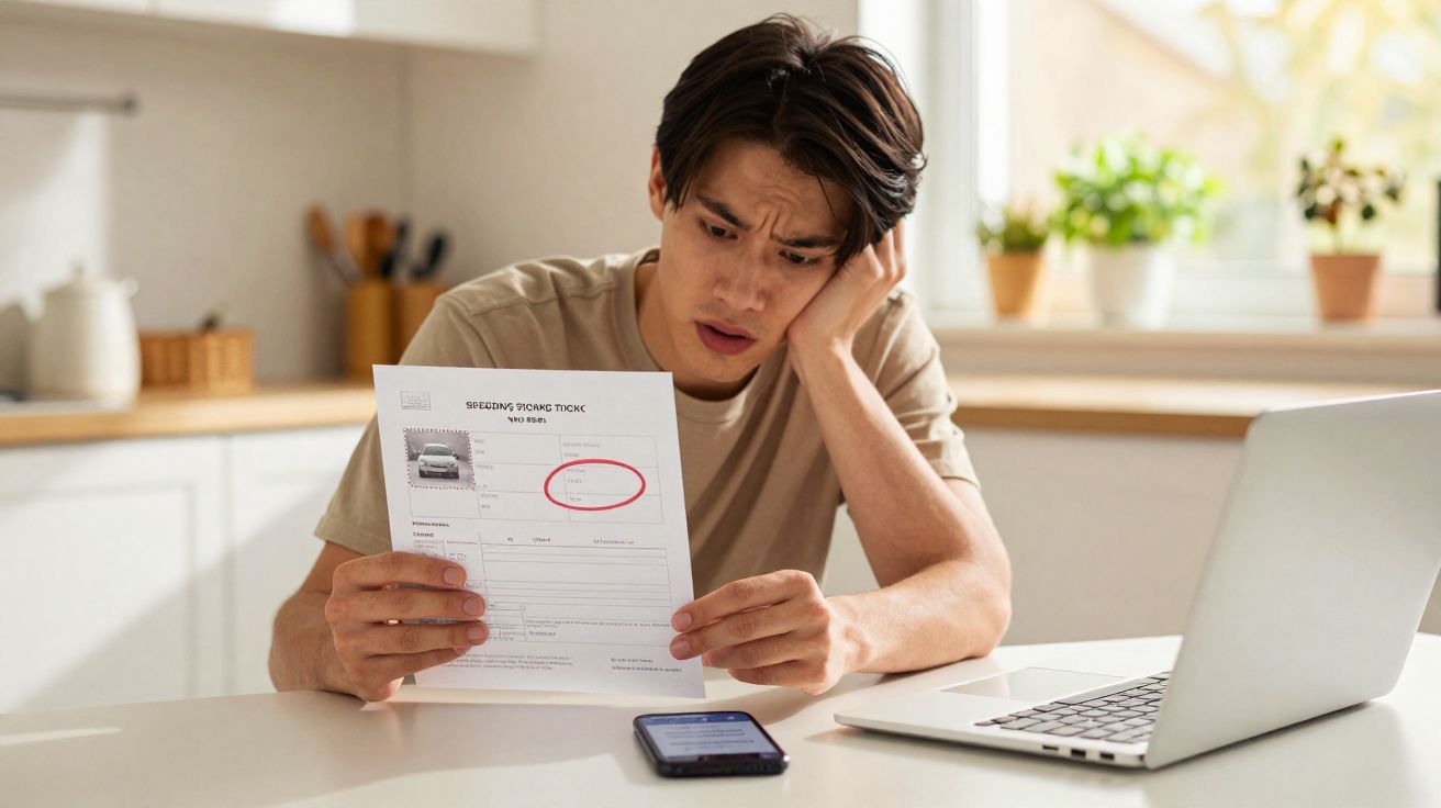 Jeune homme inquiet lisant une amende dans une cuisine, assis devant un ordinateur portable.