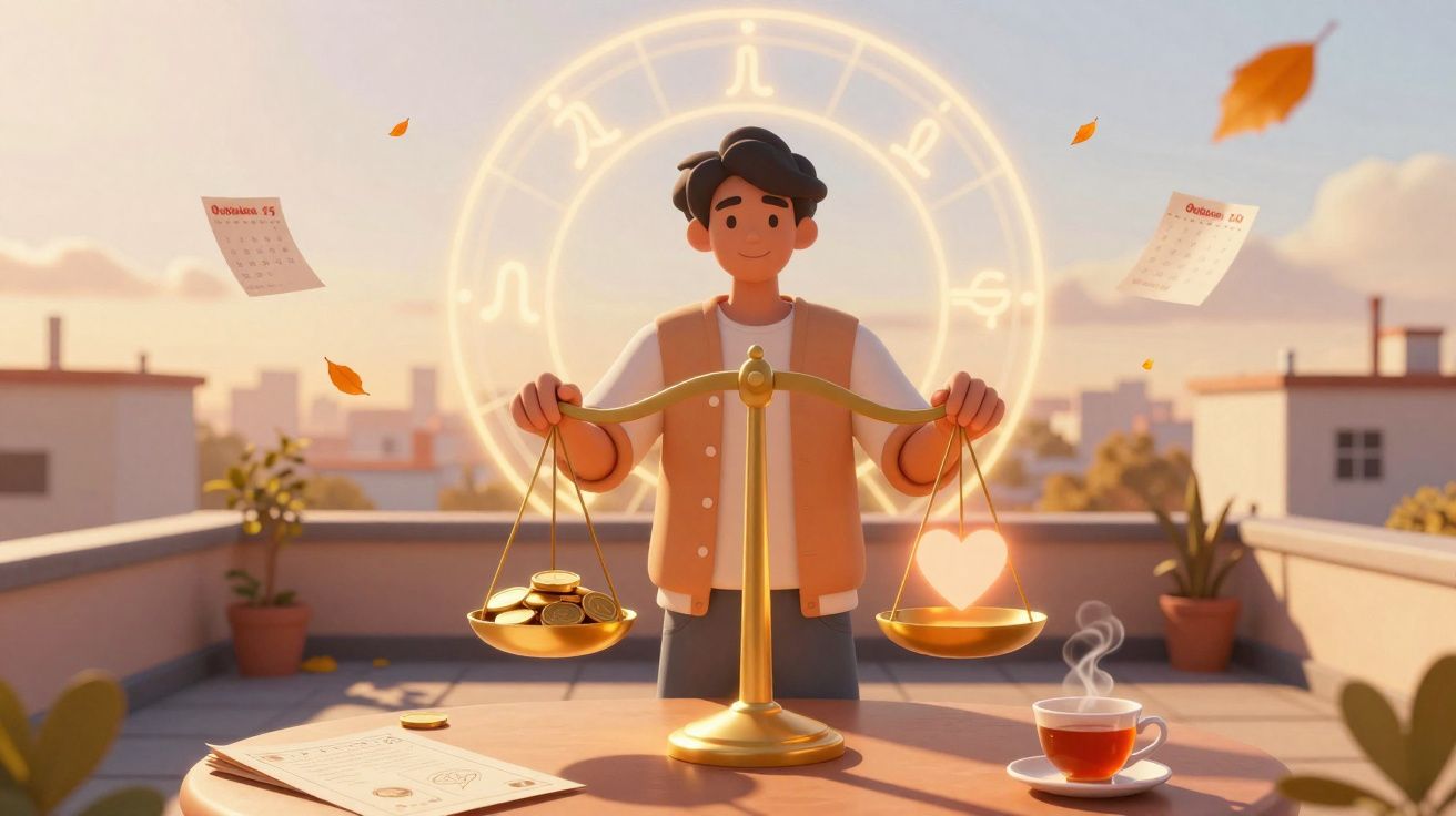 Jeune homme tenant une balance dorée avec pièces et cœur, symbole de choix entre argent et amour au coucher du soleil.