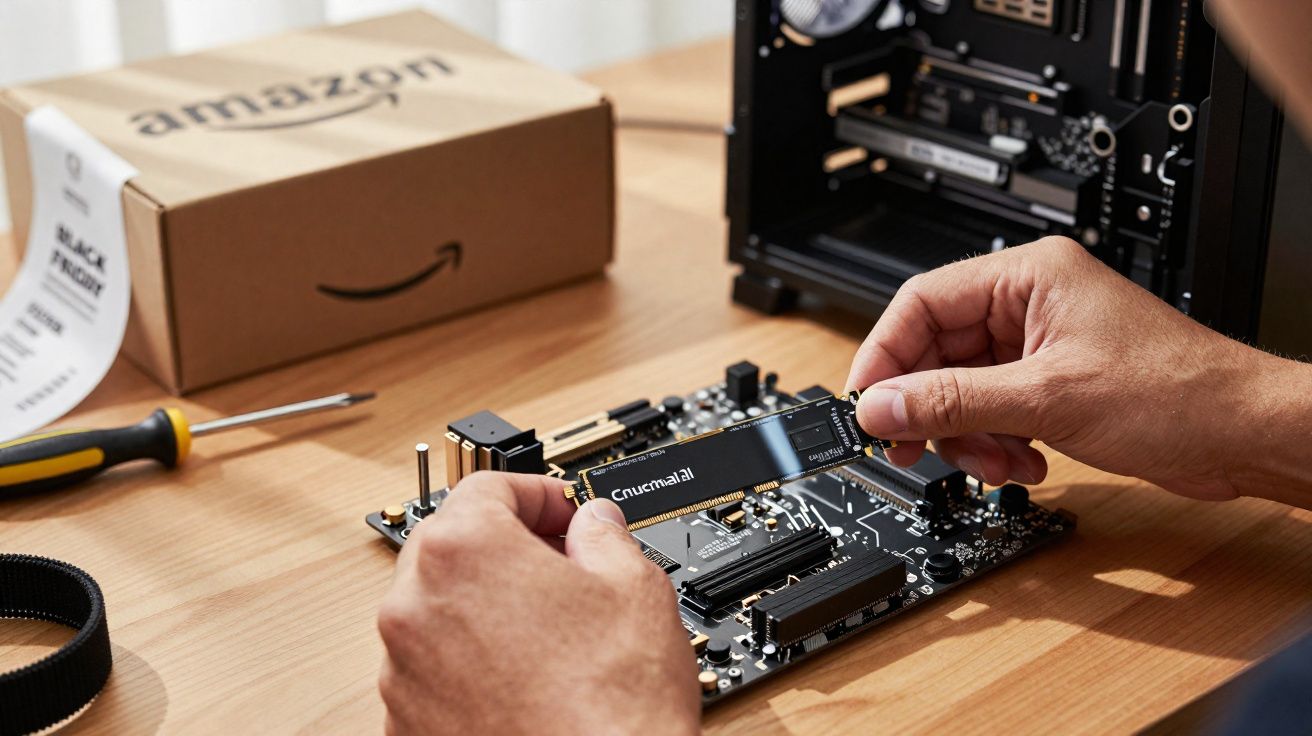Mains installant un SSD Crucial sur une carte mère, avec boîte Amazon et tournevis en arrière-plan.