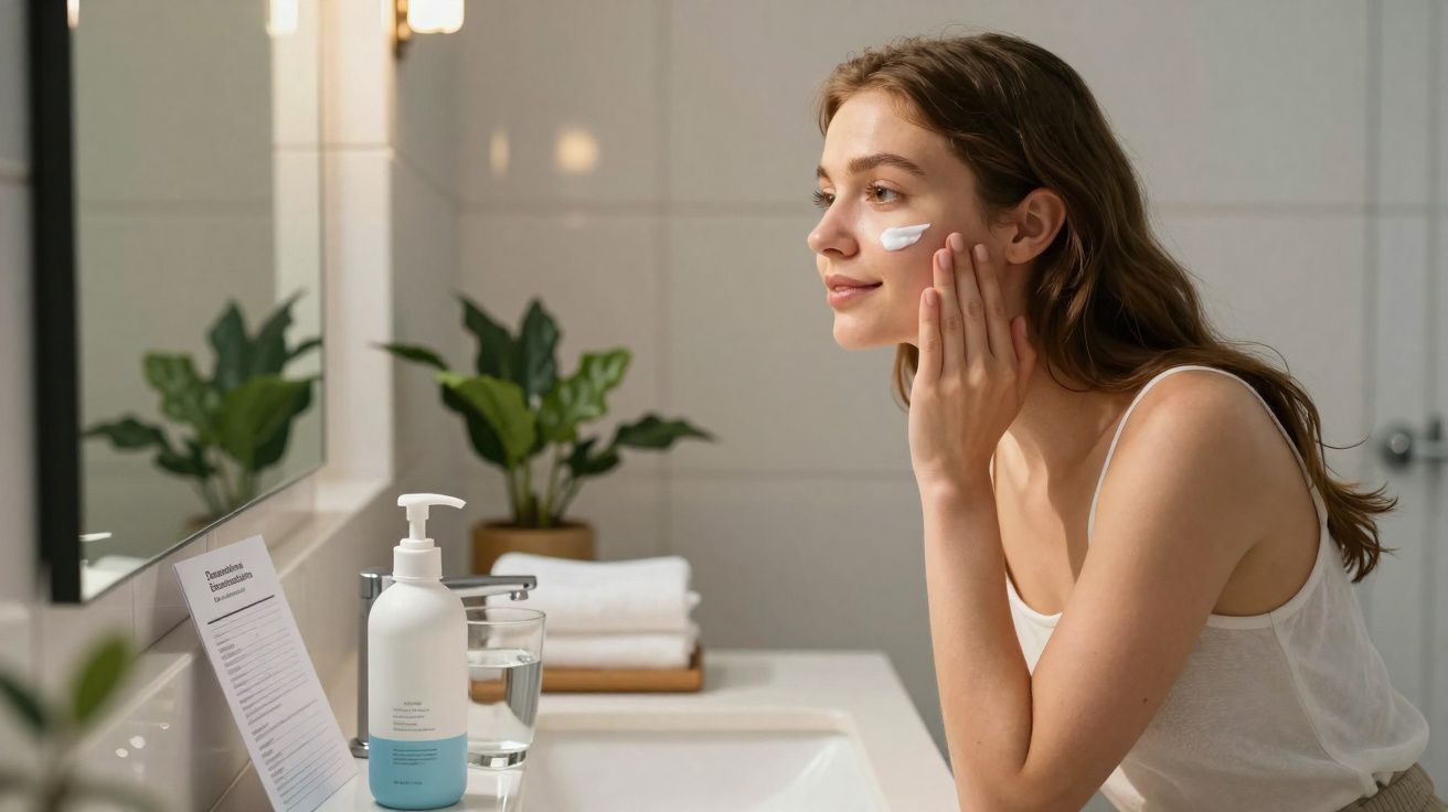 Jeune femme appliquant une crème hydratante sur son visage dans une salle de bains moderne.
