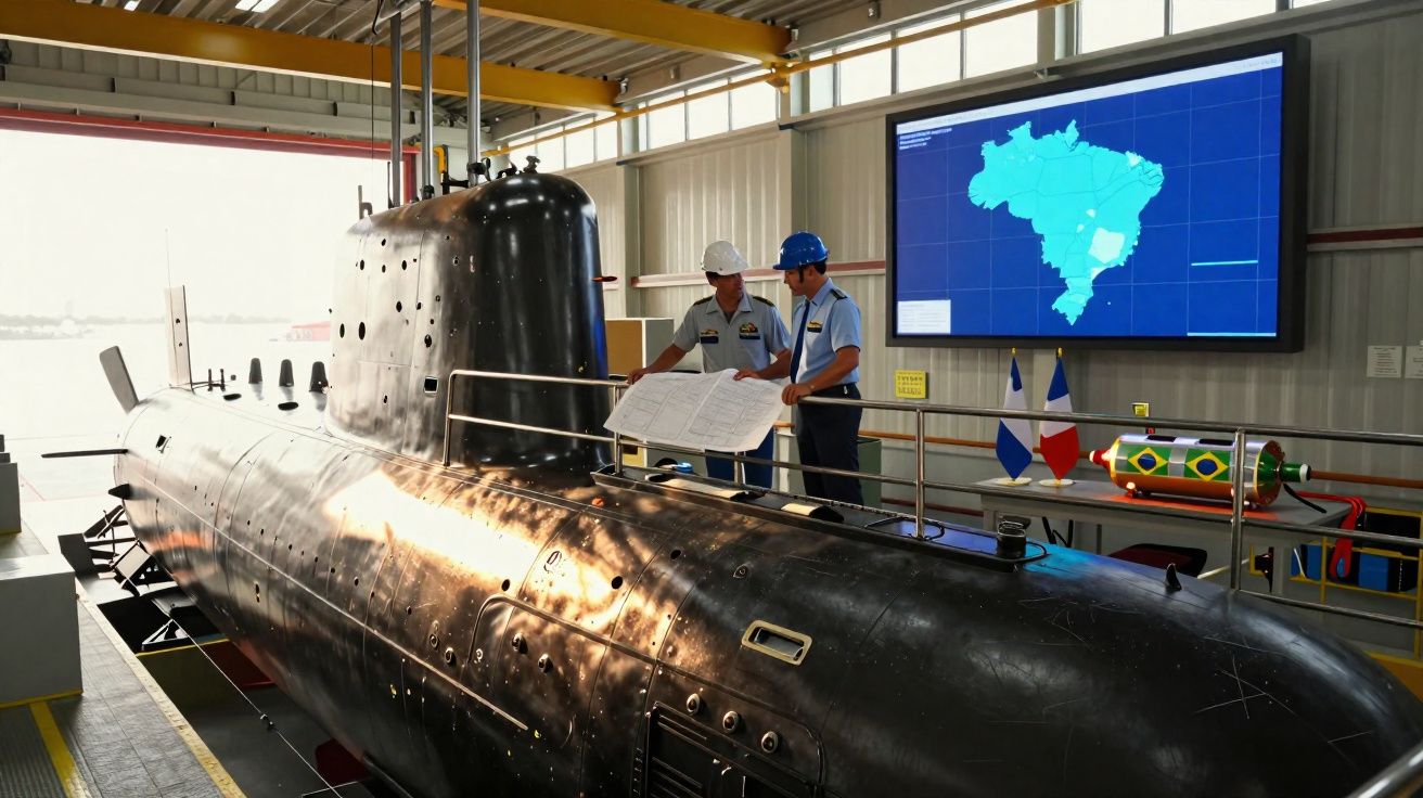 Deux marins examinent des plans sur un sous-marin dans un hangar avec carte du Brésil en arrière-plan.