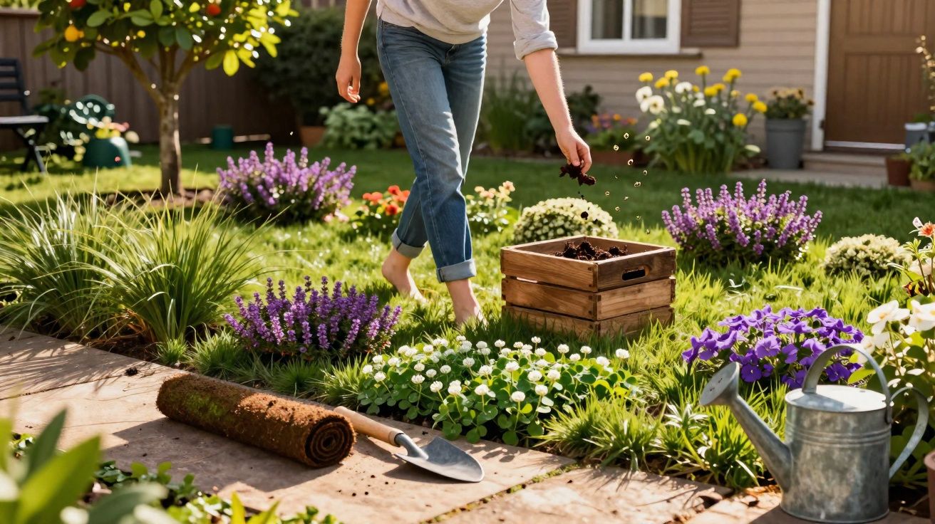 Une personne jardine pieds nus parmi des fleurs colorées avec un arrosoir et des outils sur une terrasse.