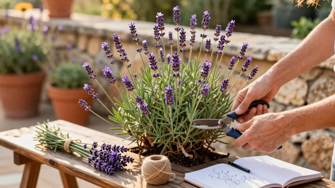 Personne taillant de la lavande violette avec un sécateur, sur une table en bois avec carnet et ficelle.