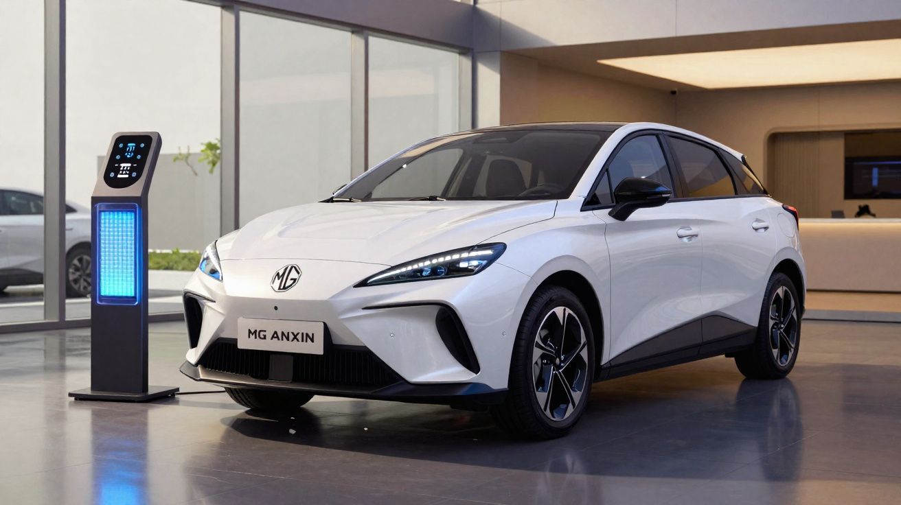 Voiture électrique blanche MG Anxin en charge dans un showroom moderne avec sol brillant.