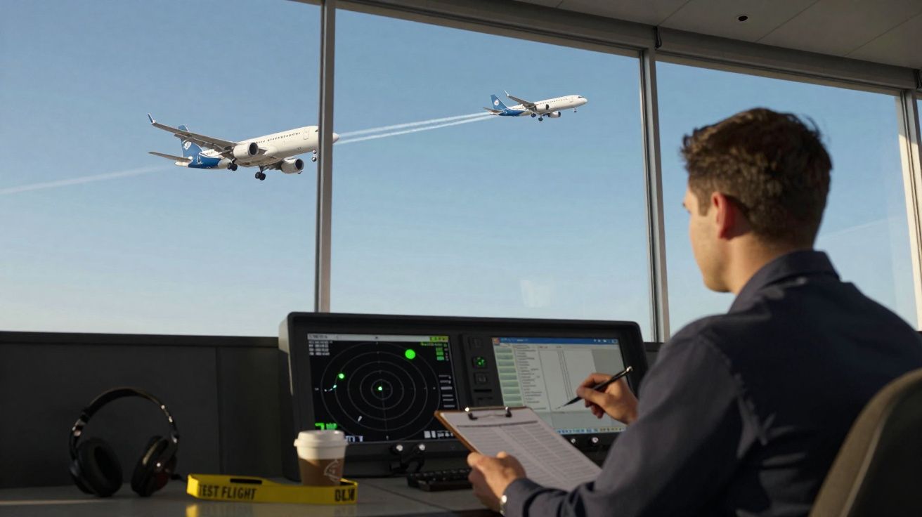 Contrôleur aérien surveillant deux avions au décollage depuis une tour avec écrans radar et documents.