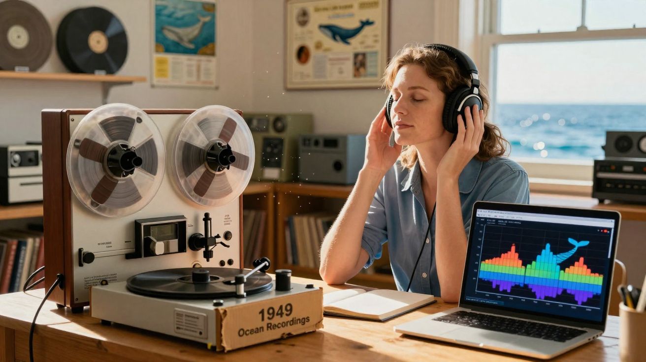 Femme écoutant de la musique au casque près d’un magnétophone à bobines, avec un ordinateur portable affichant un spectre son
