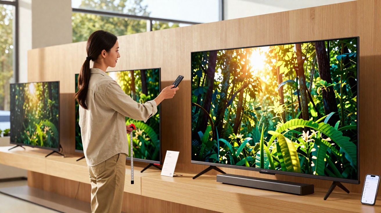 Femme utilisant une télécommande pour allumer une télévision affichant une image de forêt luxuriante dans un magasin.
