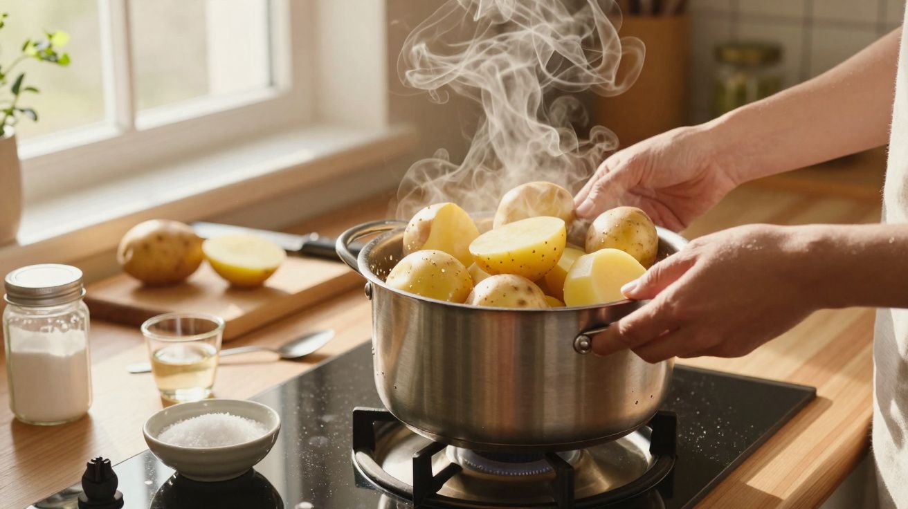 Cuisson à la vapeur de pommes de terre dans une casserole en acier sur une cuisinière à gaz.