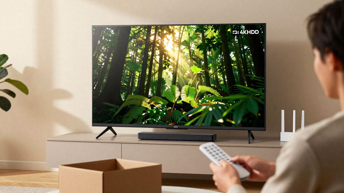 Personne regardant la télévision montrant une forêt verte en 4K dans un salon moderne avec télécommande.