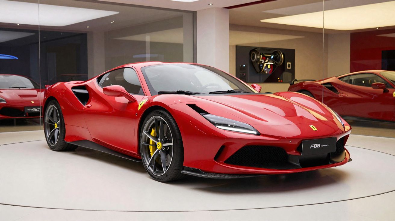 Voiture de sport Ferrari F8 Tributo rouge exposée dans un showroom avec sol clair et murs en miroir.