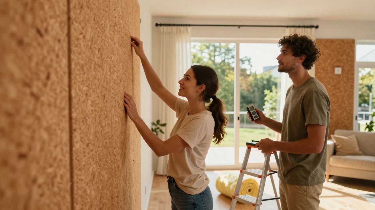 Couple posant un revêtement mural en liège dans un salon lumineux avec fenêtre coulissante et canapé beige.