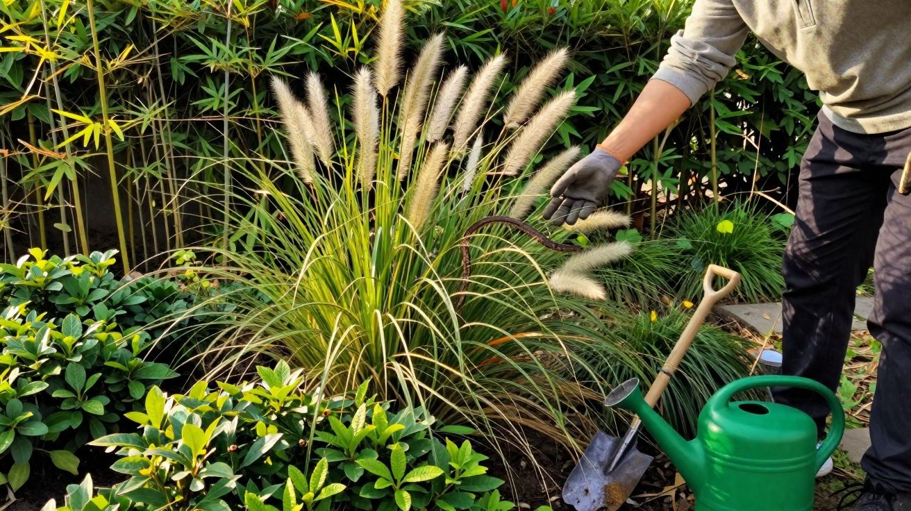 Personne jardinant, tenant un outil, près de plantes vertes, arrosoir et pelle posés sur le sol.