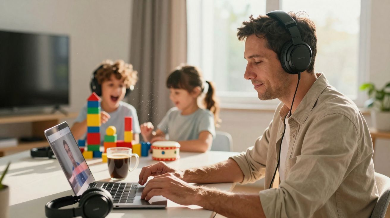 Homme portant un casque travaillant sur un ordinateur portable, enfants jouant avec des blocs colorés en arrière-plan.