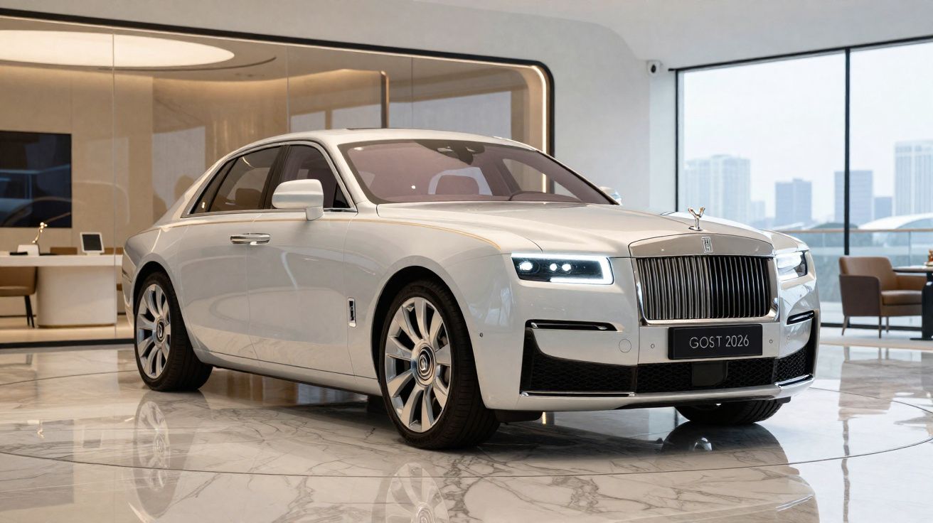 Voiture de luxe blanche Rolls-Royce Ghost 2026 exposée dans un showroom moderne avec sol en marbre.