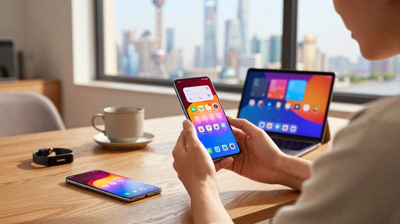 Personne tenant un smartphone avec smartphone, ordinateur portable, tasse et bracelet connectés sur une table en bois.