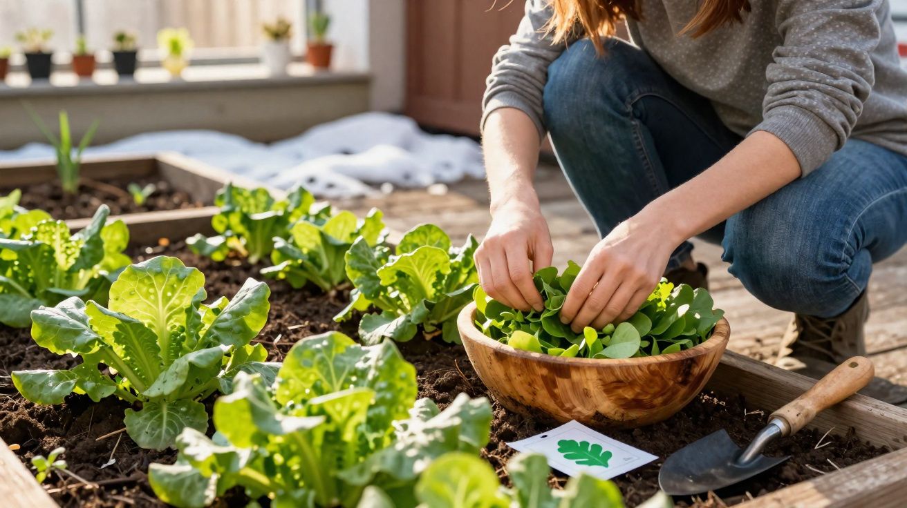 Une personne récolte des feuilles de salade dans un potager surélevé en bois, par une journée ensoleillée.