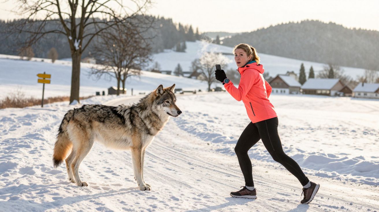 Femme en tenue de sport s'arrêtant en courant devant un loup sur un chemin enneigé en campagne.