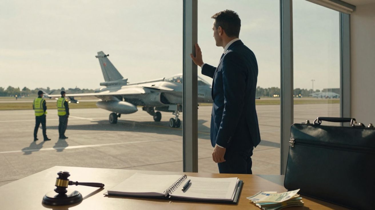Homme en costume regardant un avion militaire depuis une pièce avec bureau, mallette et marteau de juge.